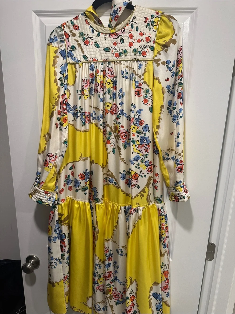 Yellow Floral Patchwork Midi Dress with Tie Waist
